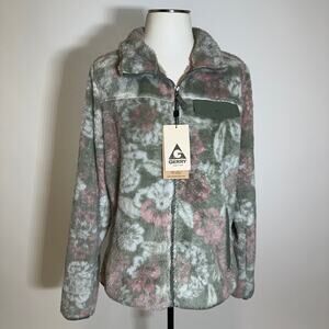 NWT Gerry Green Pink Floral Plush Pile Fleece Jacket Zip Up Womens Size Medium M